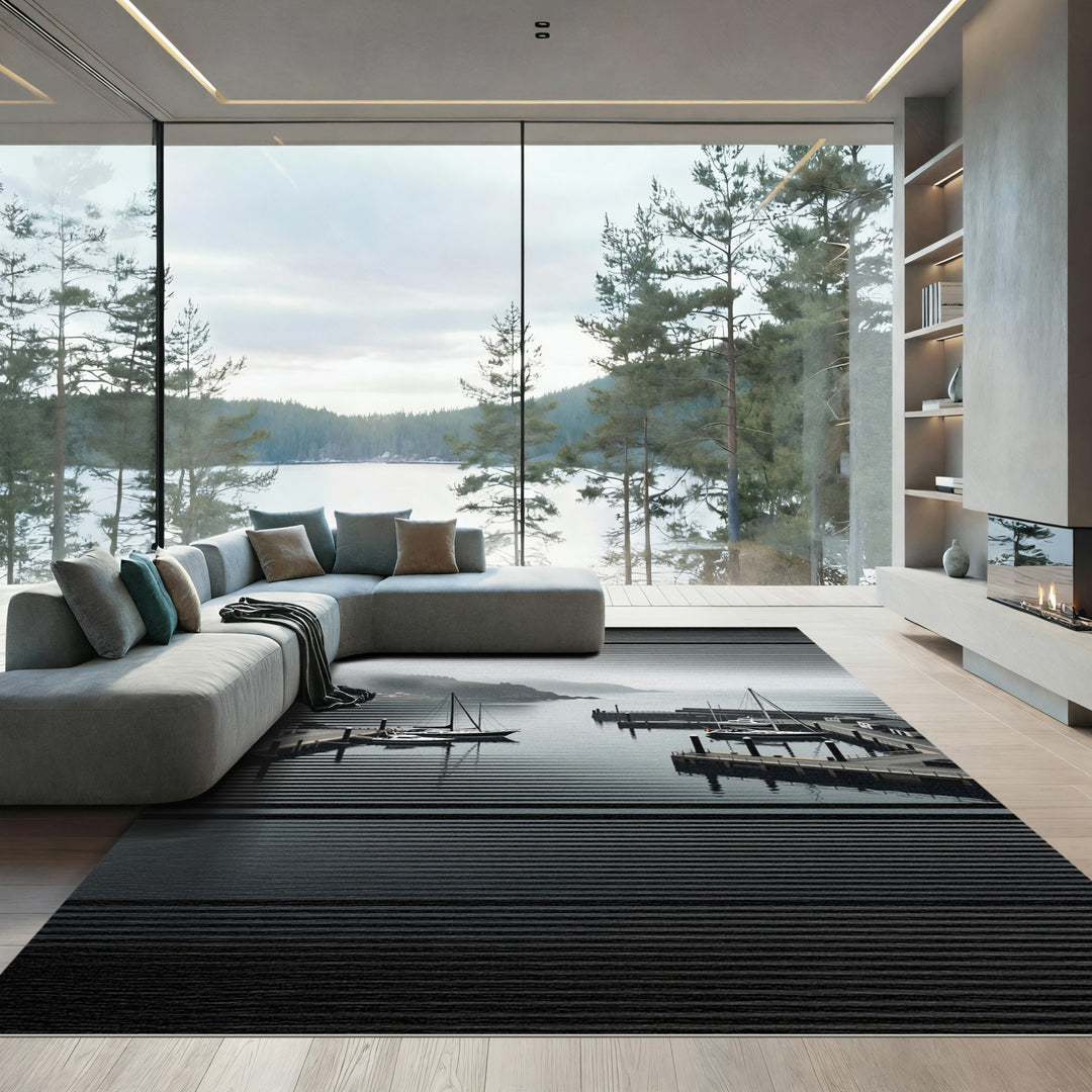 Modern Monochrome Yacht Harbor Scene Rug