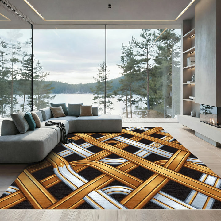 Gold Silver Interwoven Geometric Lattice Rug
