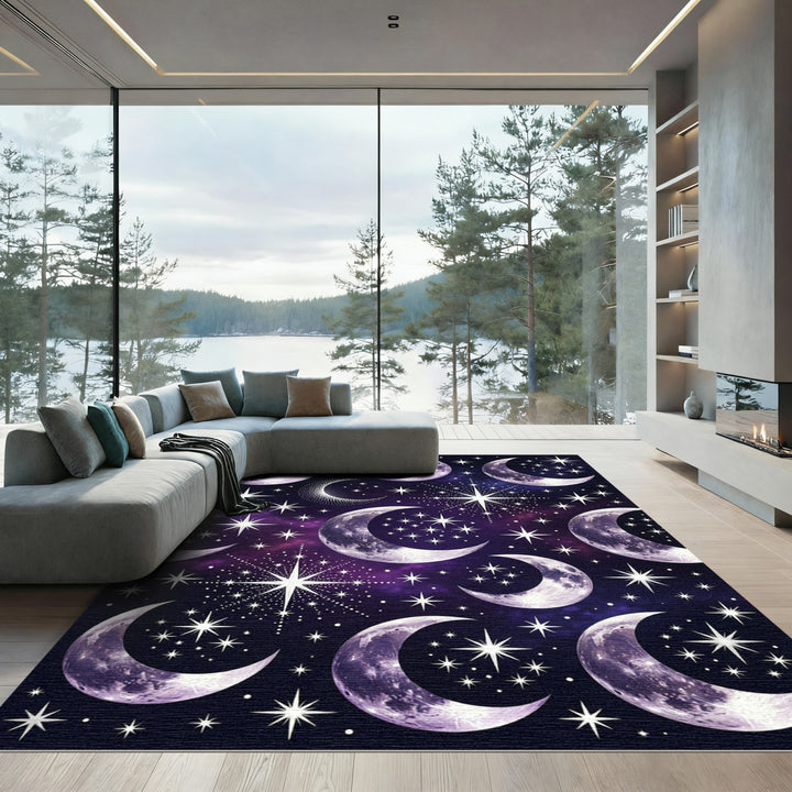 Celestial Moon Stars Purple Nebula Rug