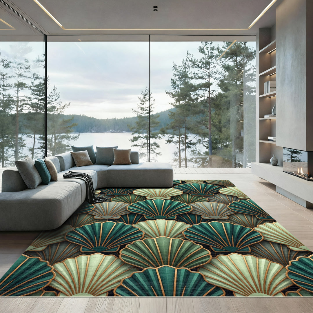 Emerald Green Gold Shell Arrangement Rug