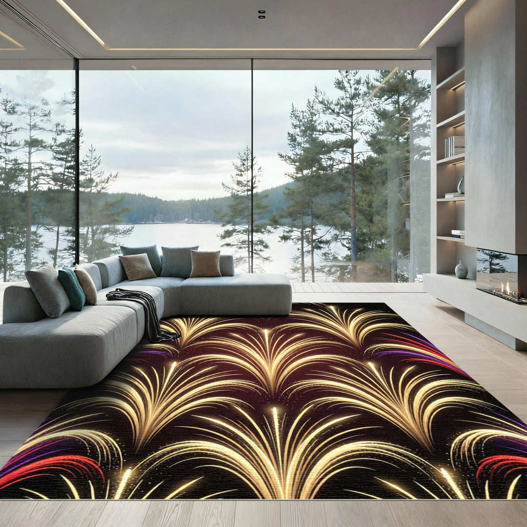 Golden Firework Fan Rays Red Purple Rug