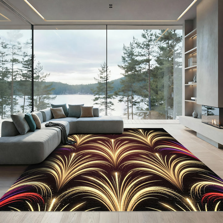 Golden Firework Fan Rays Red Purple Rug