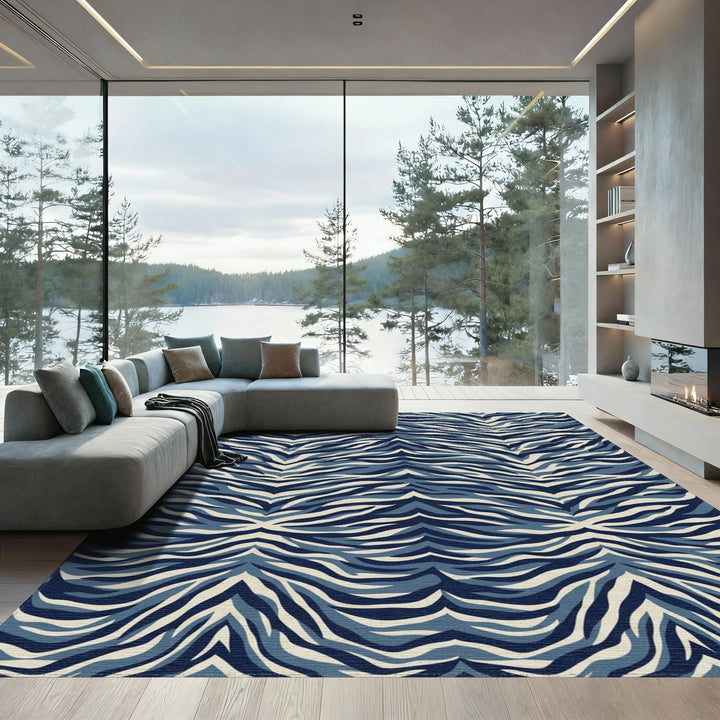 Deep Blue And Cream Zebra Stripes Rug