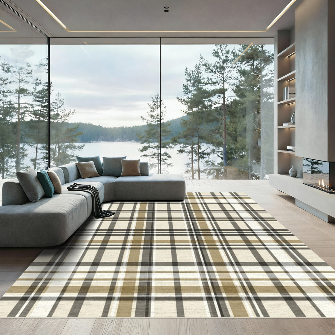 Classic Beige Tan Plaid Rug