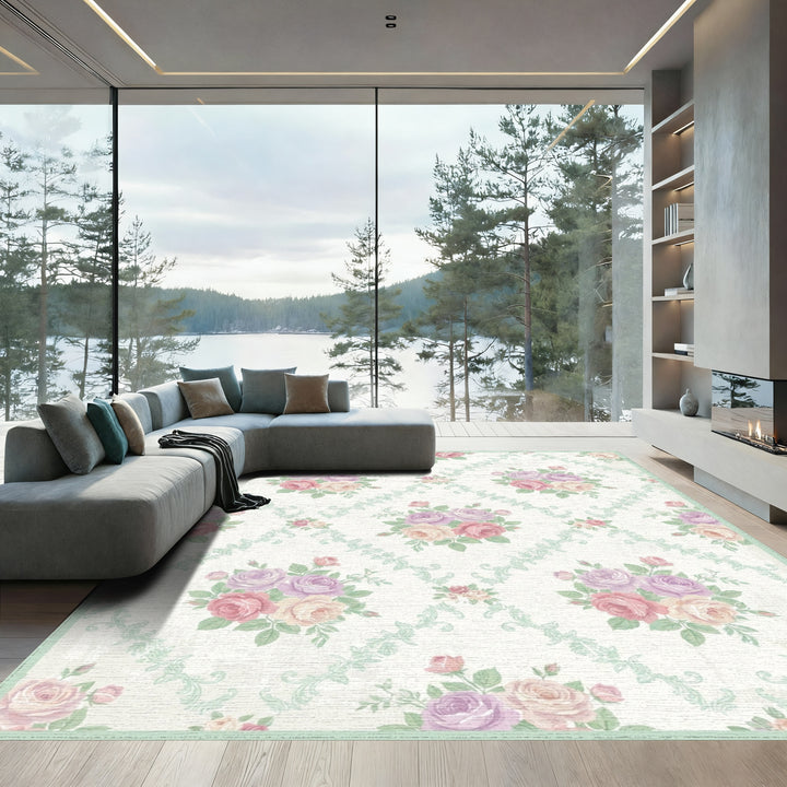 Pastel Rose Bouquet Vintage Floral Rug