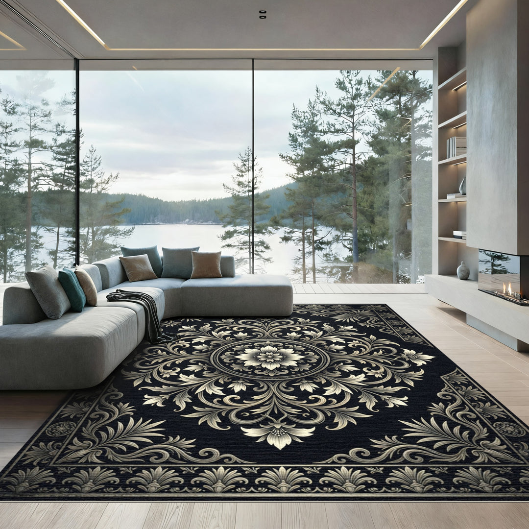 Classic Black Gold Floral Scroll Rug