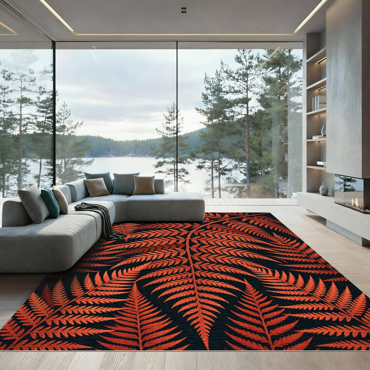 Vibrant Orange Fern Frond Cluster Rug