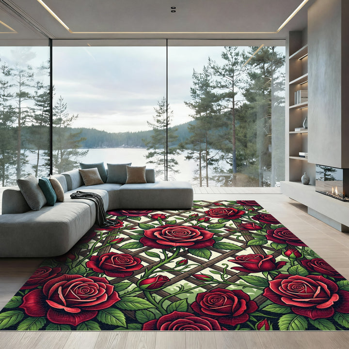 Elegant Crimson Rose Garden Lattice Rug