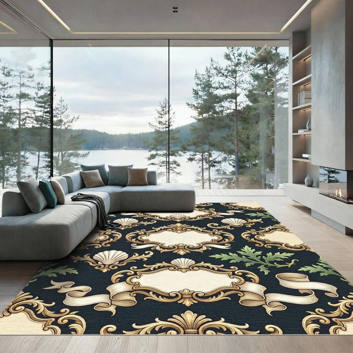 Opulent Gold Seashell Scrollwork Rug