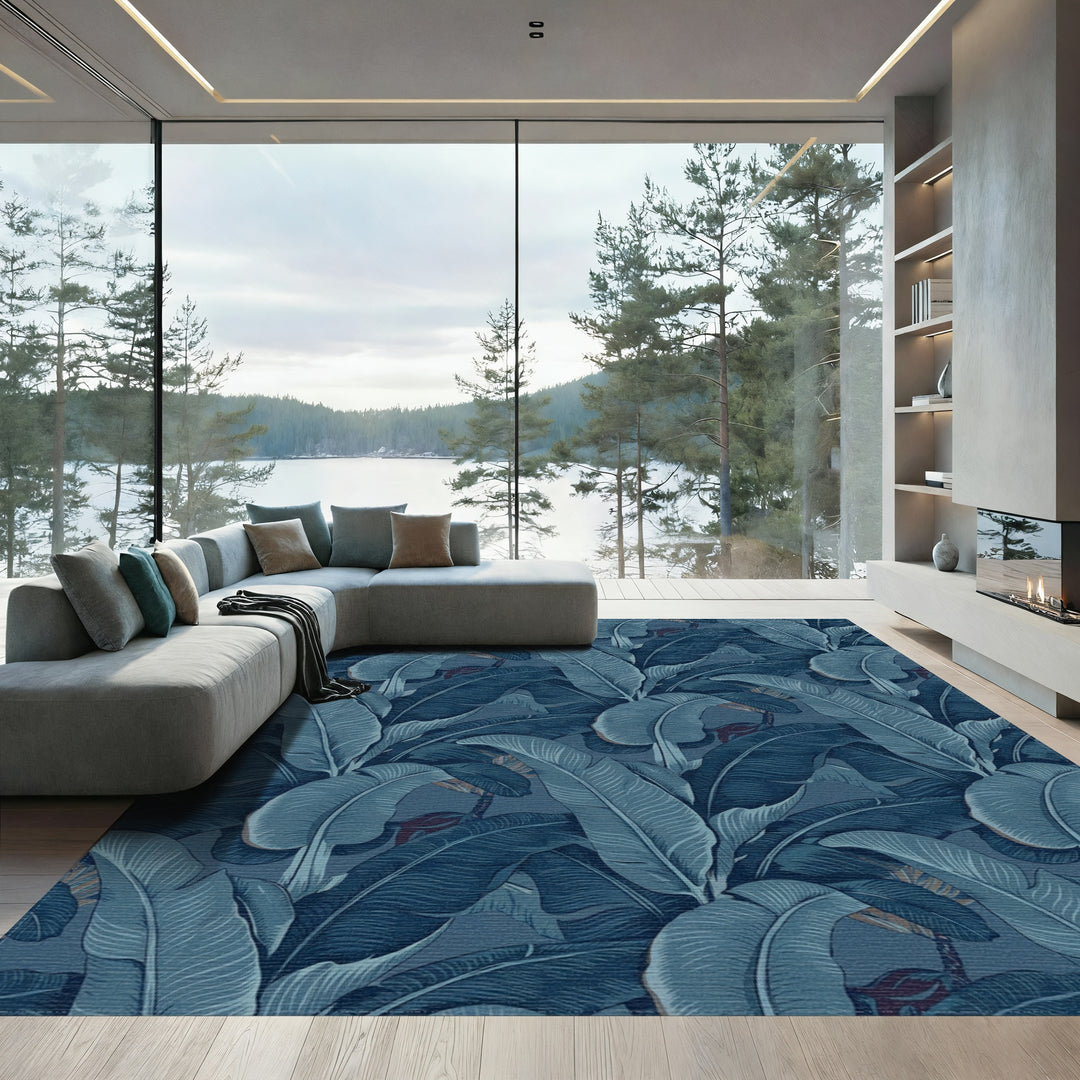 Deep Blue Banana Leaf Botanical Rug