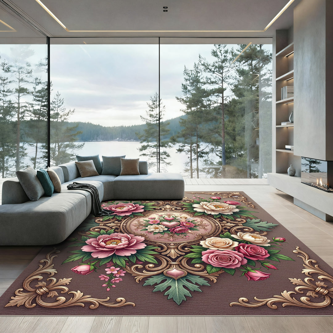 Vintage Pink Peony Cherub Medallion Rug