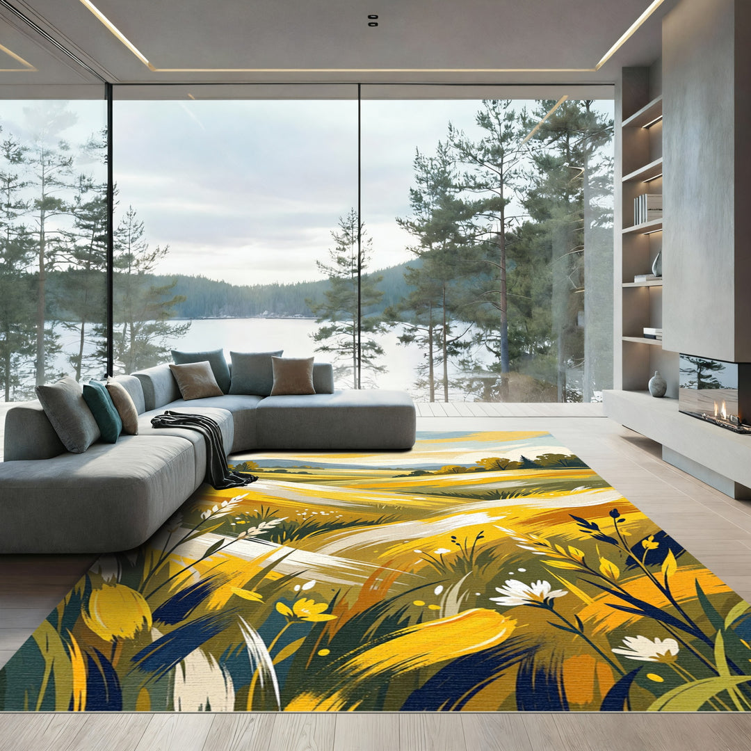 Golden Yellow Abstract Landscape Rug