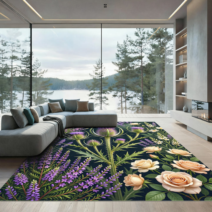 Whimsical Purple Thistle Rose Garden Rug