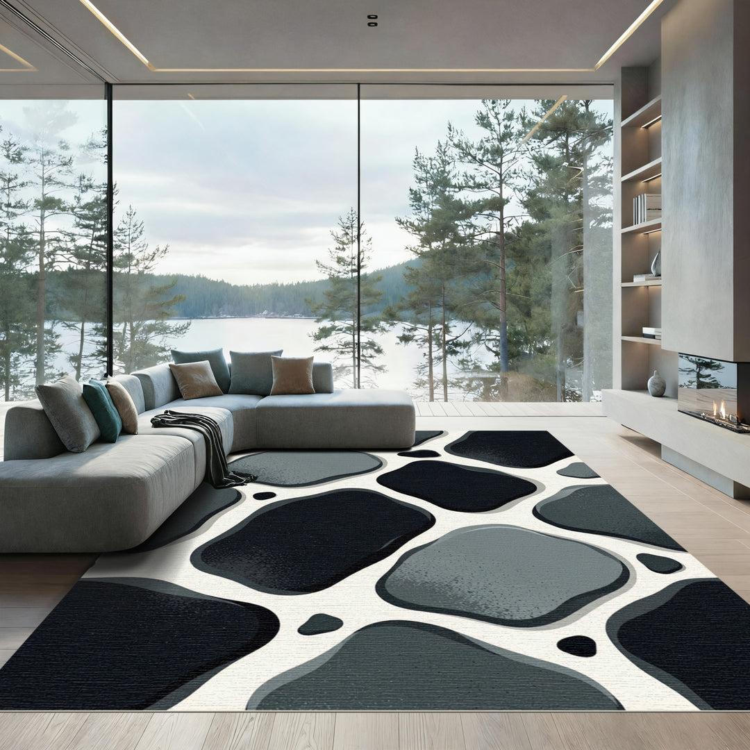 Organic Stone Black Gray Shapes Rug