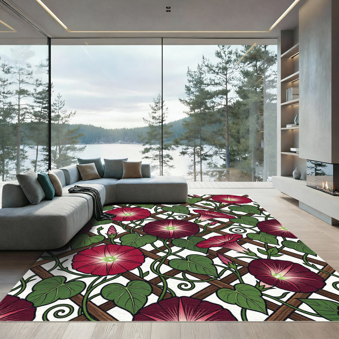 Crimson Morning Glory Lattice Floral Rug