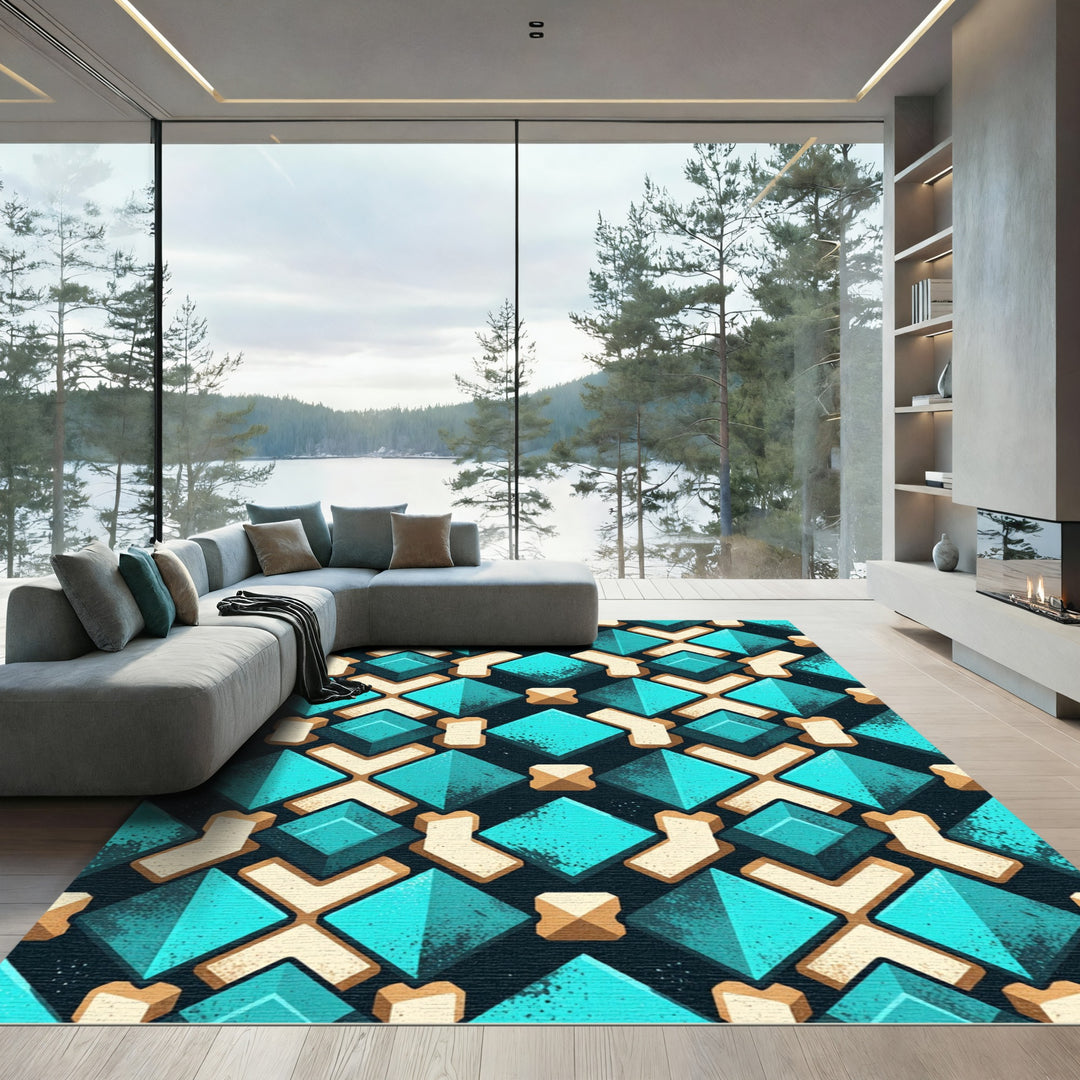 Bold Teal Geometric Diamond Rug