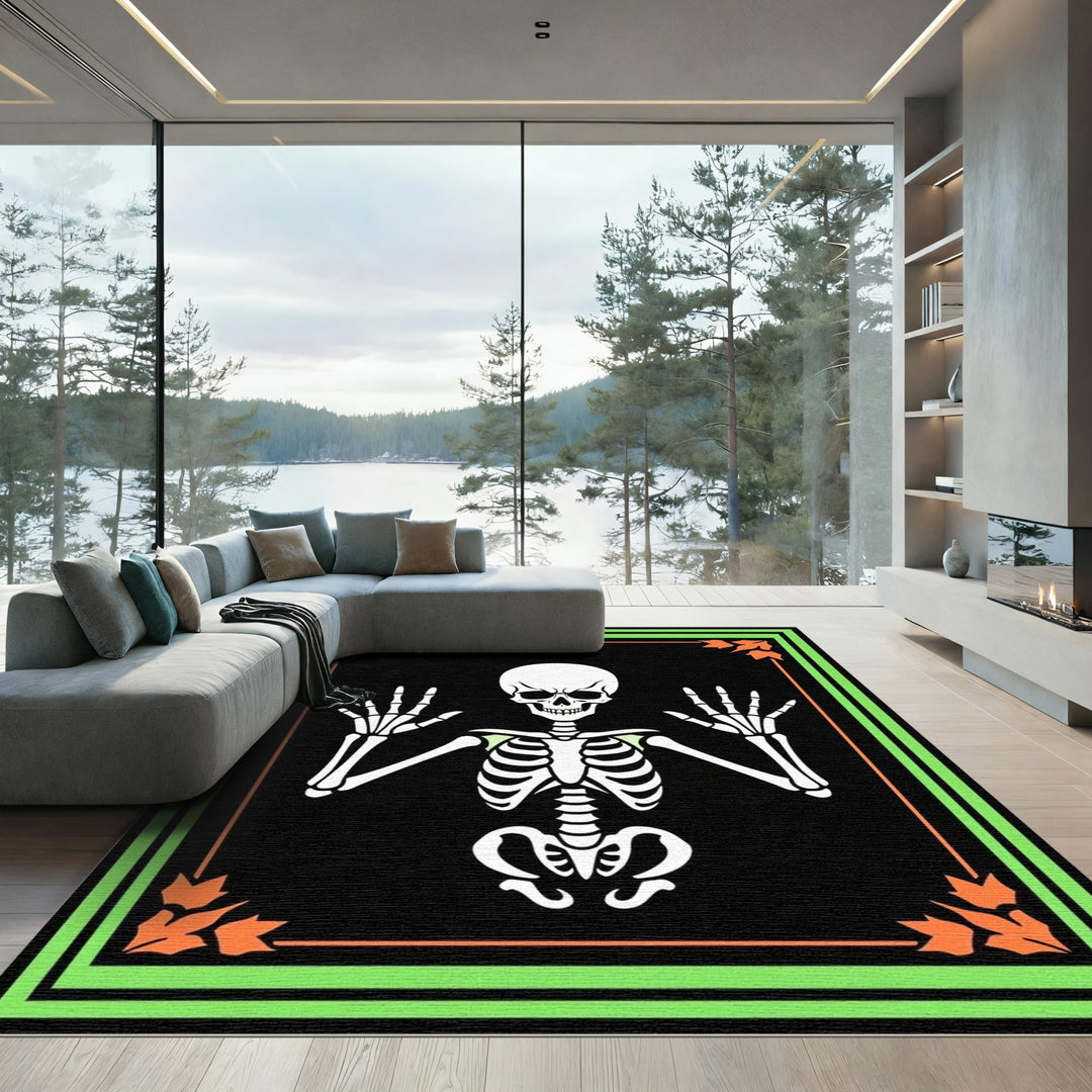 Spooky Skeleton Orange Leaf Border Rug
