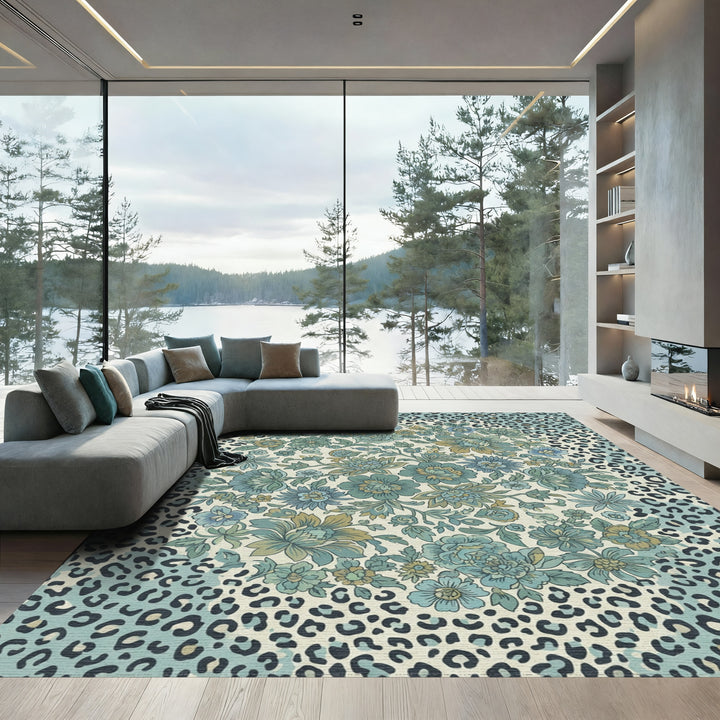 Teal Leopard Floral Medallion Arrangement Rug