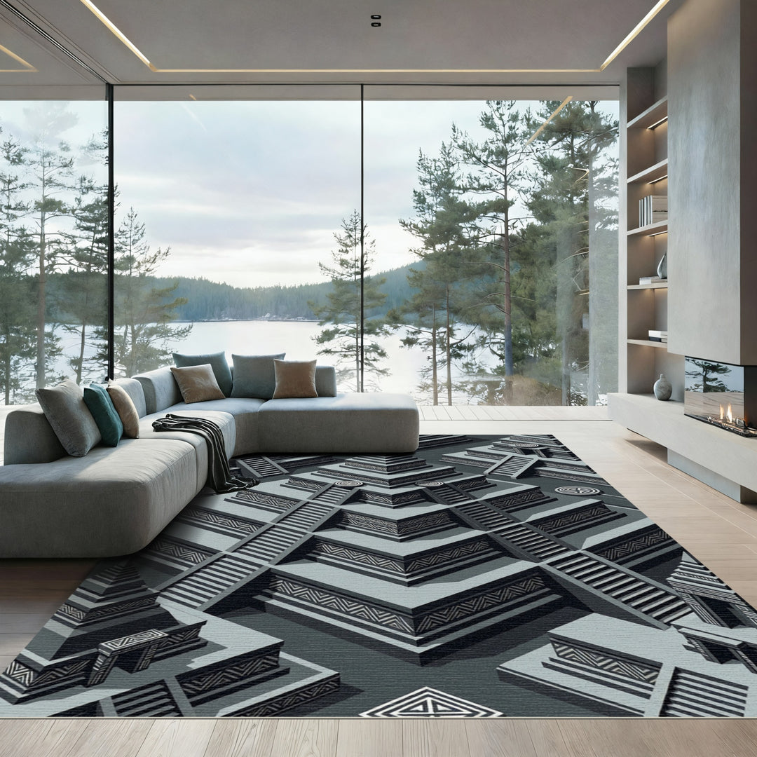 Isometric Gray Mesoamerican Pyramid Rug
