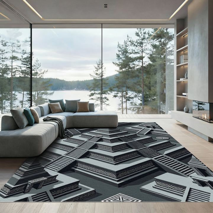 Isometric Gray Mesoamerican Pyramid Rug