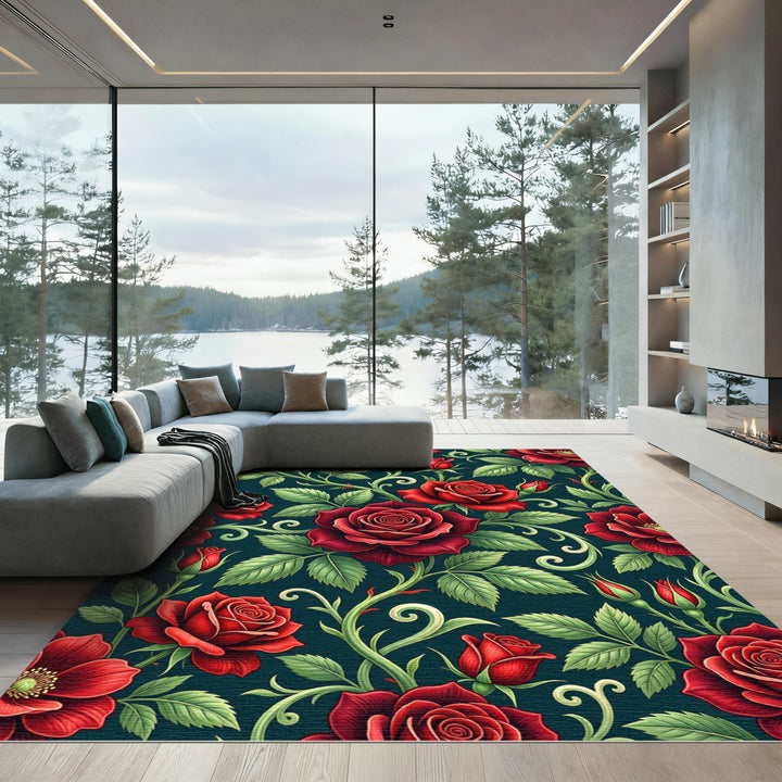 Crimson Red Rose Floral Vine Rug