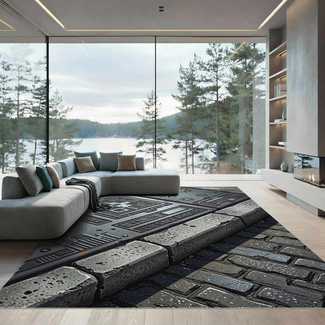 Industrial Geometric Circuit Board Rug