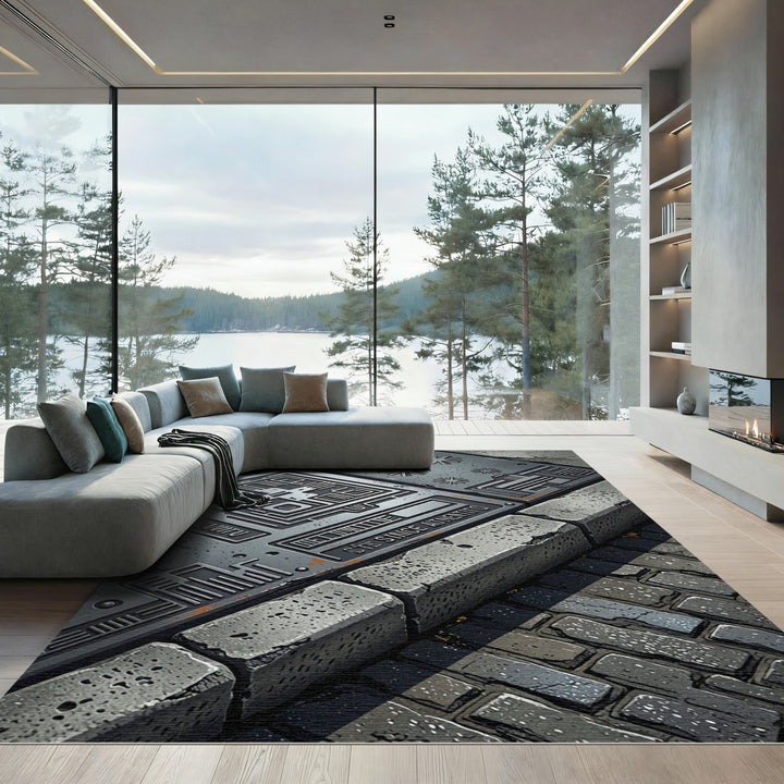 Industrial Geometric Circuit Board Rug