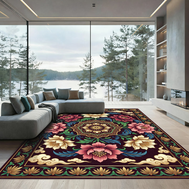 Ornate Floral Golden Medallion Rug