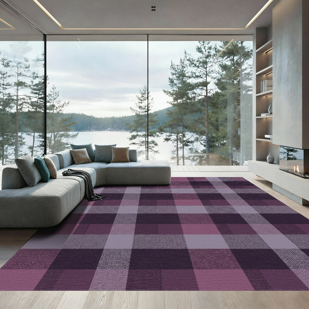 Plum Plaid Textured Geometric Squares Rug