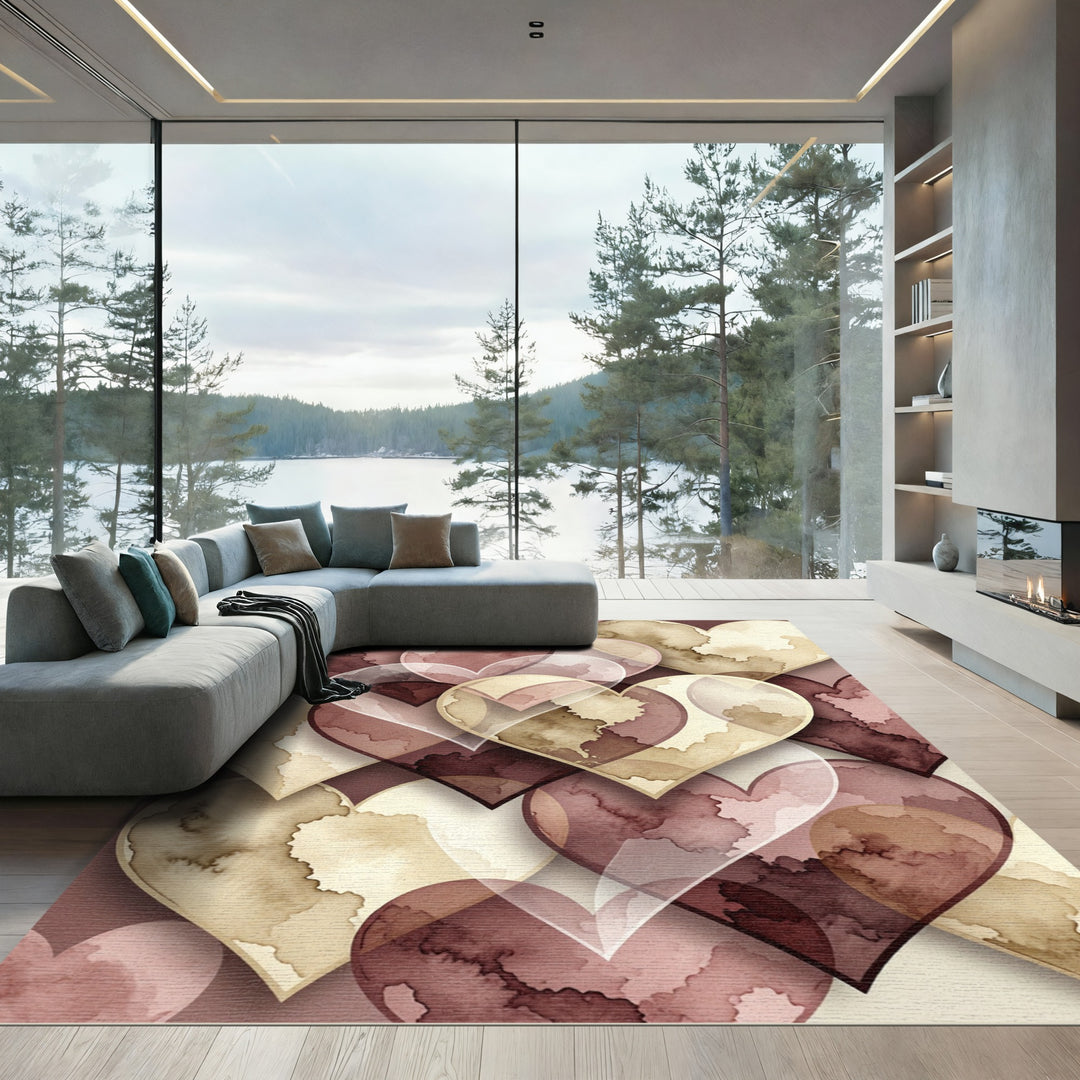 Crimson Beige Heart Watercolor Collage Rug