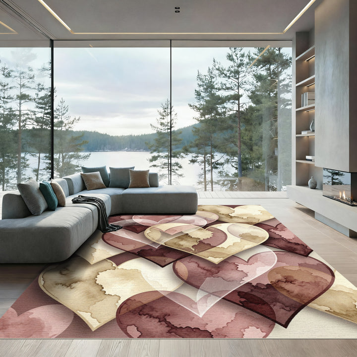 Crimson Beige Heart Watercolor Collage Rug