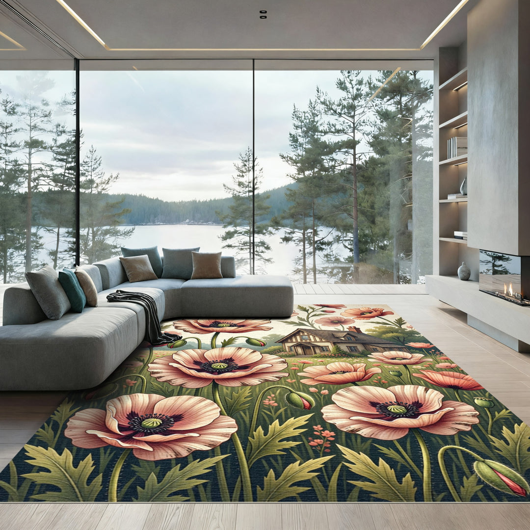 Peach Poppy Garden Cottage Scene Rug