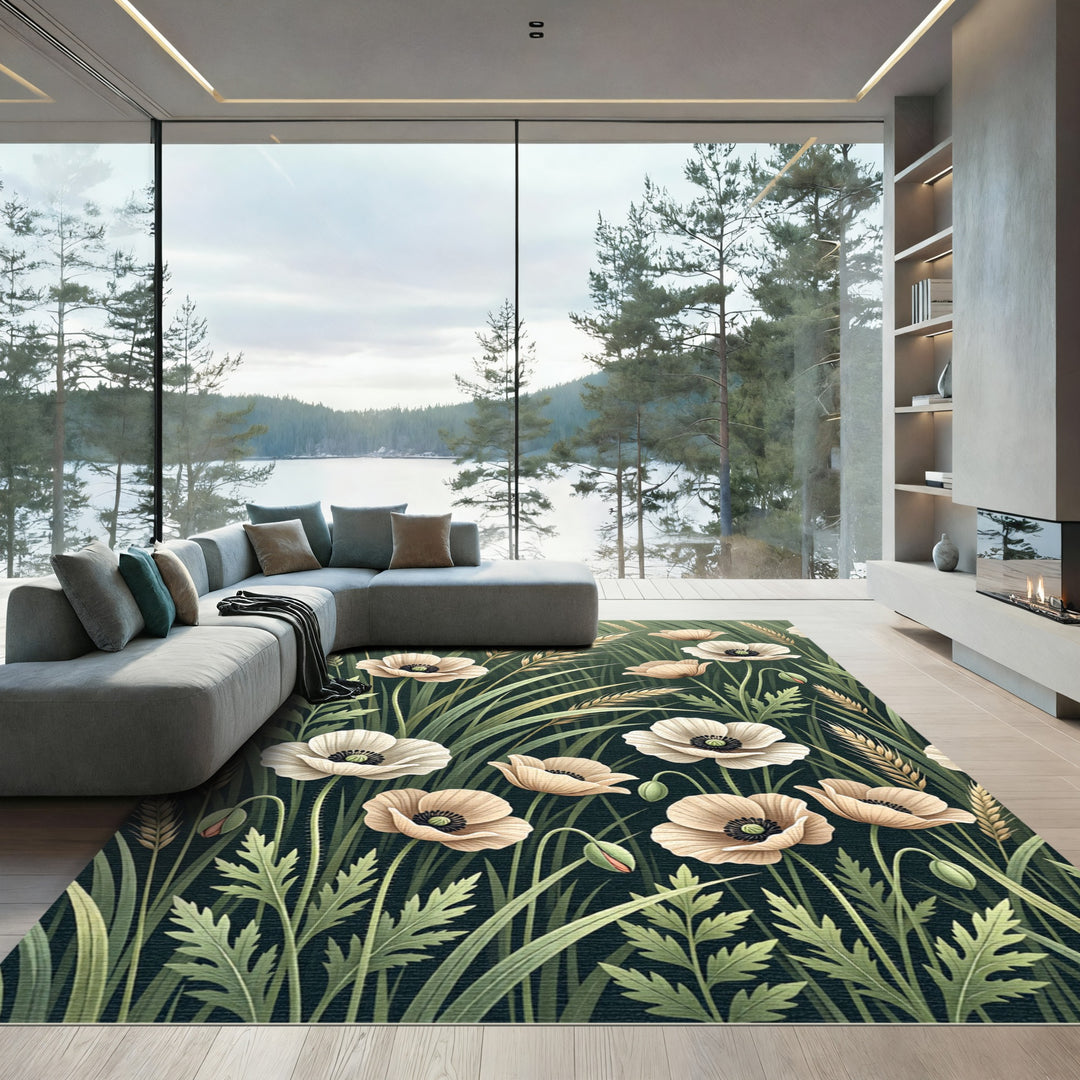 Cream Poppies Wheat Field Rug