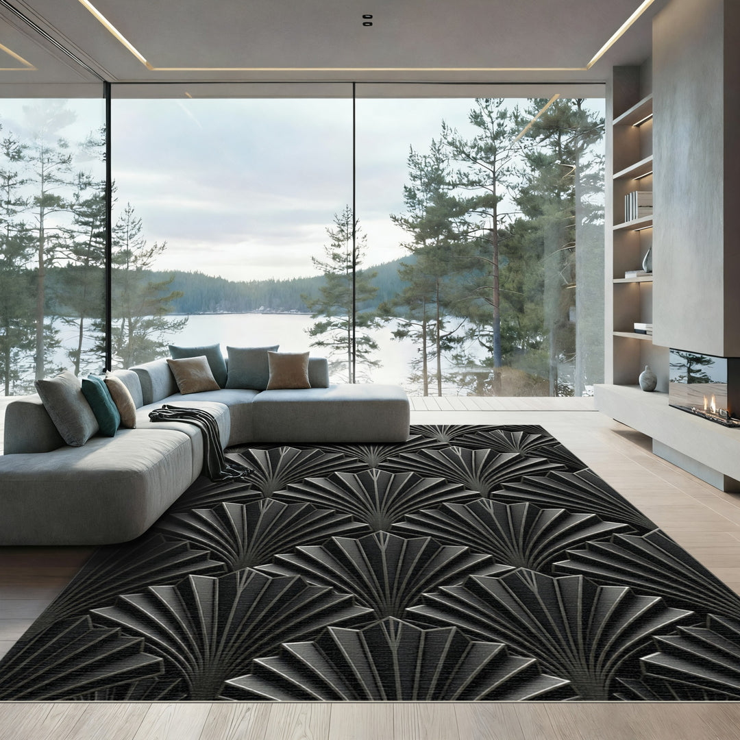 Art Deco Fan Black Metal Rug Tile Rug