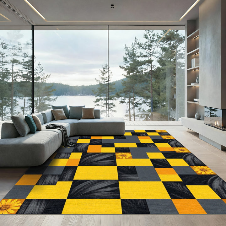 Golden Yellow Floral Blocks Rug