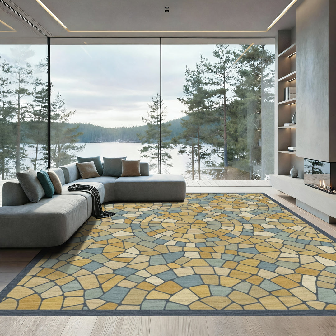 Golden Circular Stone Mosaic Rug