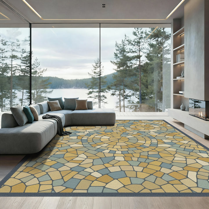 Golden Circular Stone Mosaic Rug