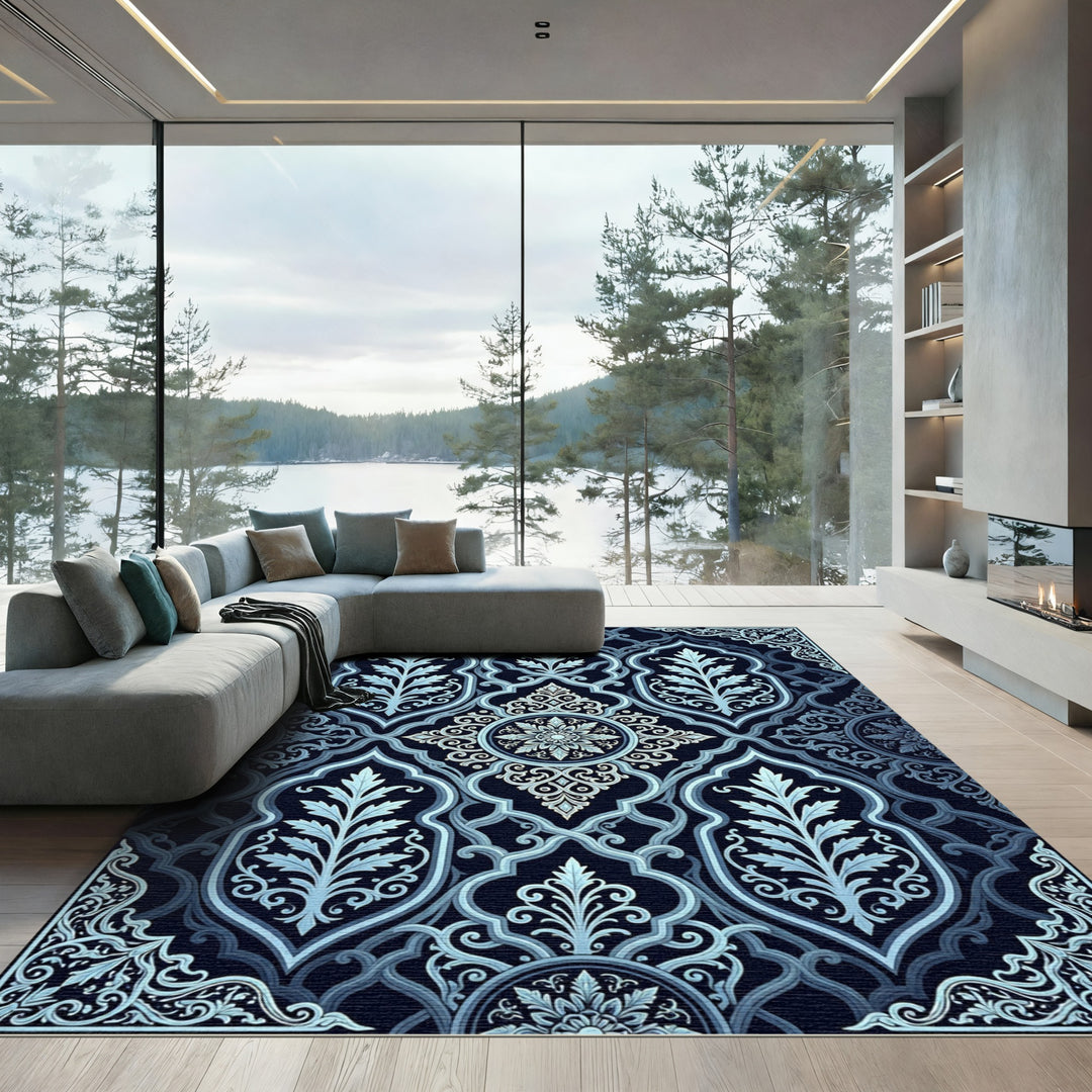 Navy Blue Intricate Floral Arch Rug