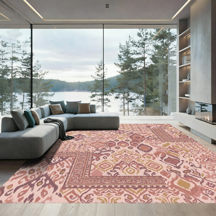 Dusty Rose Ikat Patchwork Medallion Rug