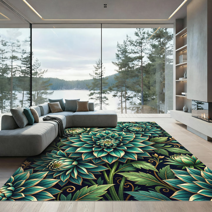 Teal Gold Dahlia Floral Rug