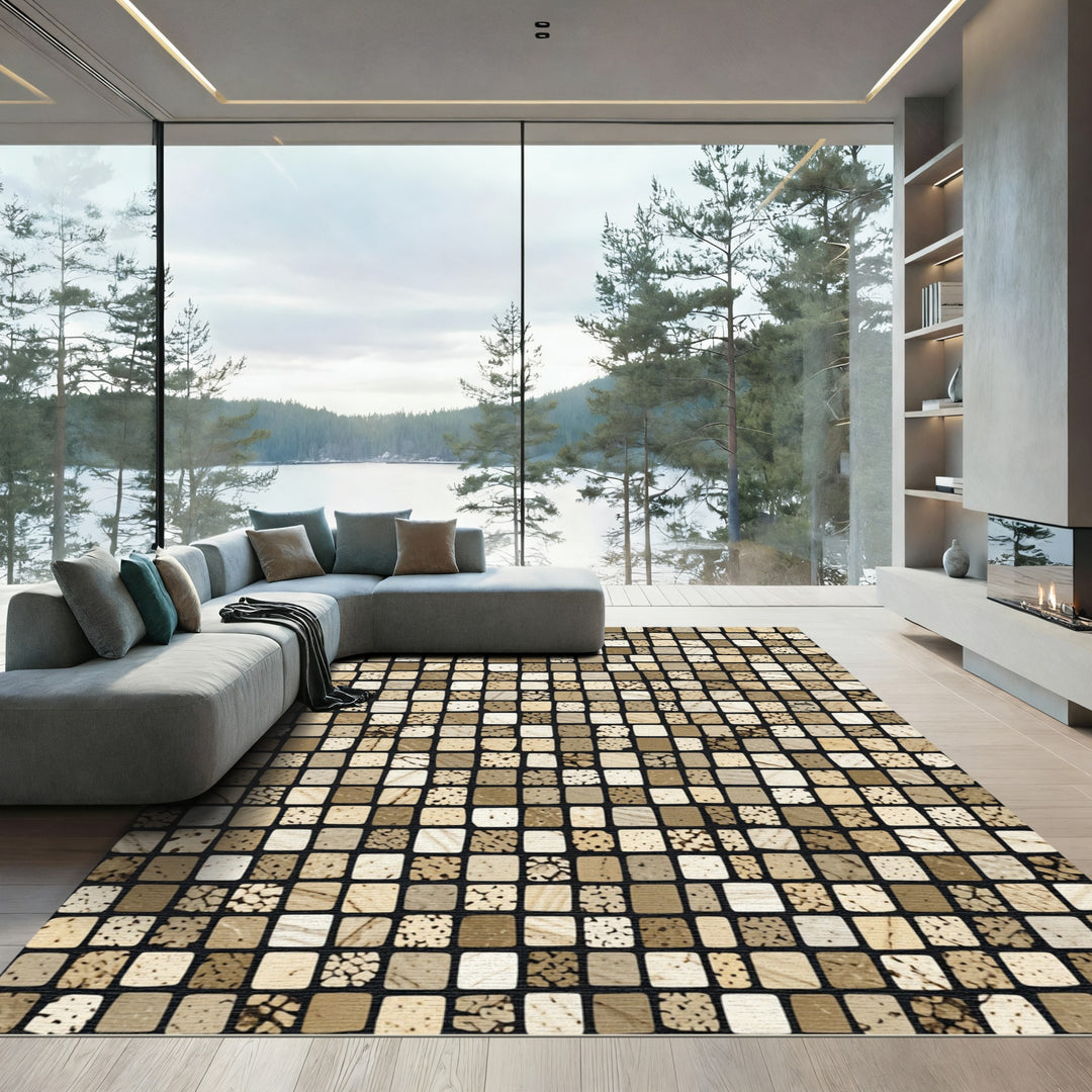 Subtle Earthy Tone Mosaic Squares Rug