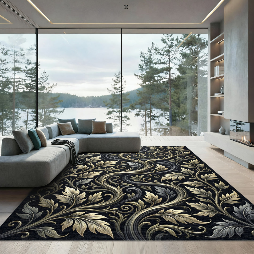 Ornate Gold Silver Leaf Scroll Rug