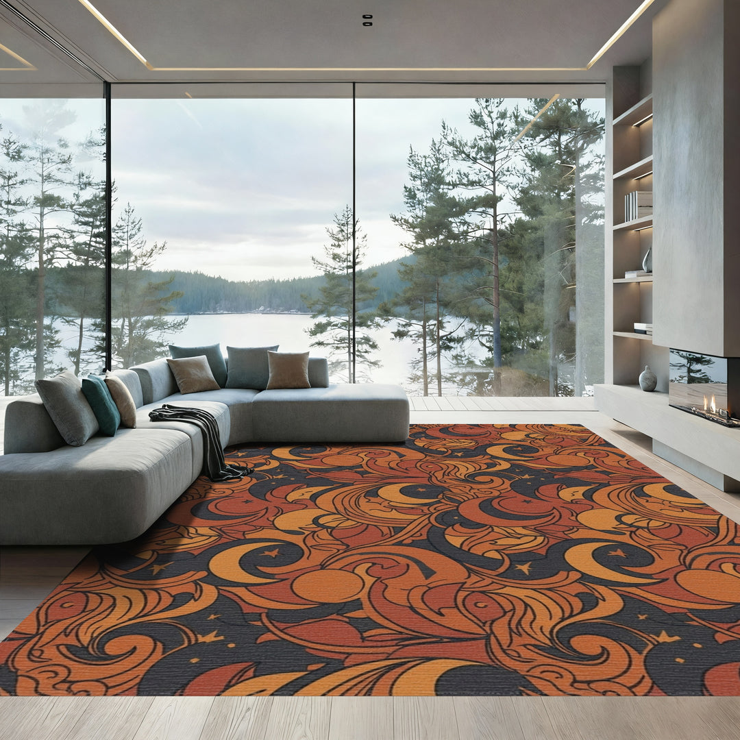Celestial Crescent Moons Stars Swirls Rug