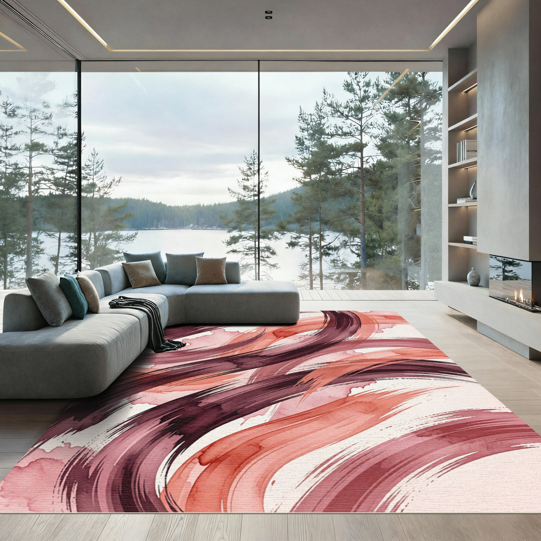 Crimson Coral Swirl Watercolor Brushstroke Rug