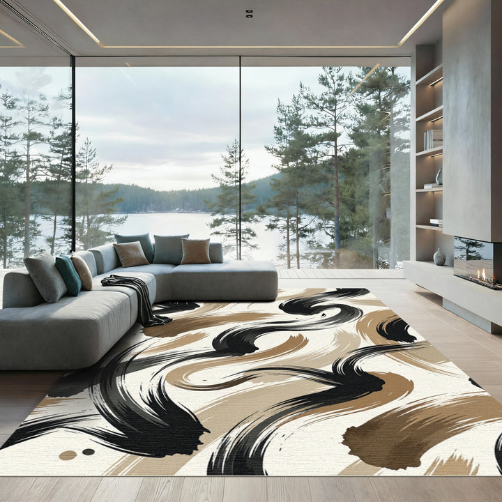 Abstract Black Brown Brushstroke Rug