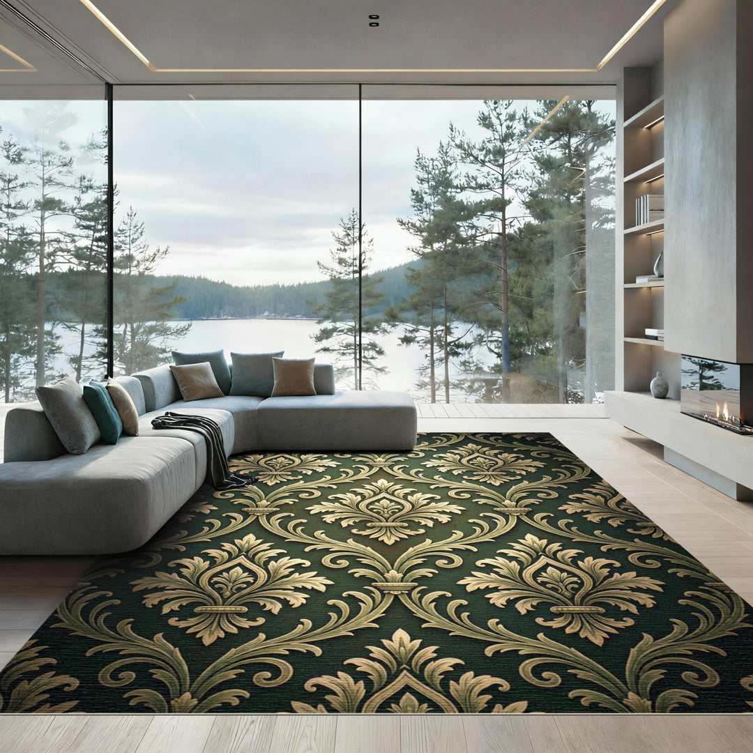 Deep Green and Gold Damask Flourish Rug