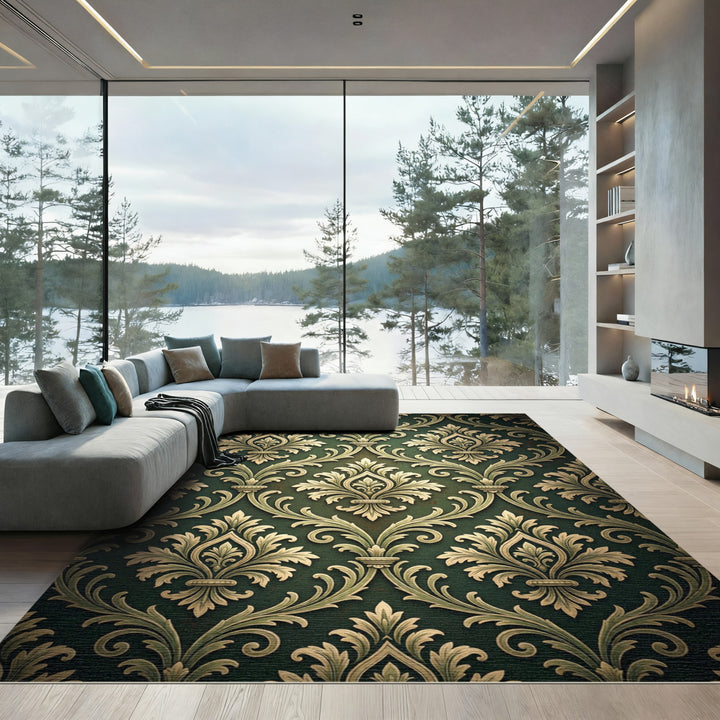 Deep Green and Gold Damask Flourish Rug