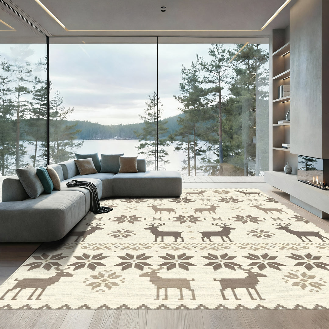 Rustic Beige Deer Snowflake Jacquard Rug