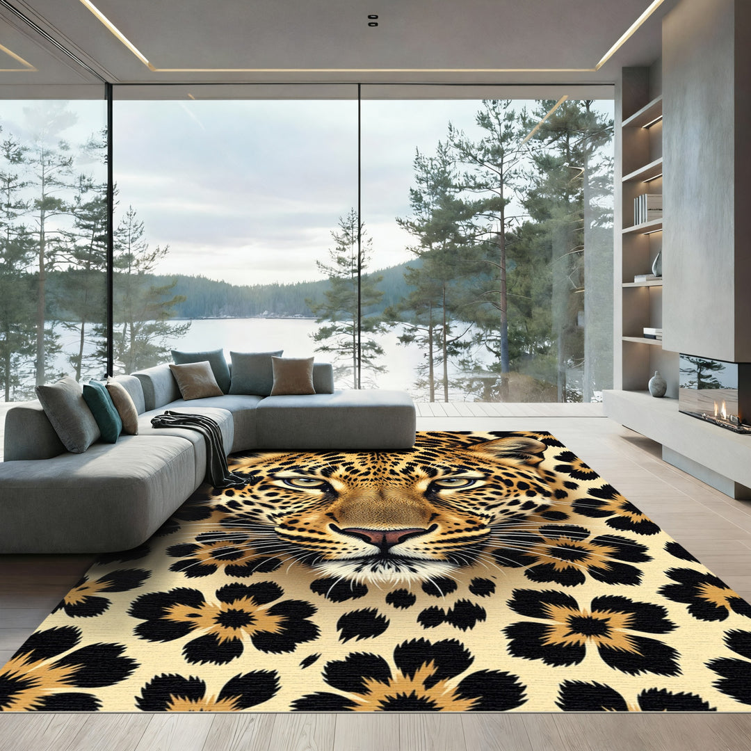 Golden Leopard Face Floral Rug