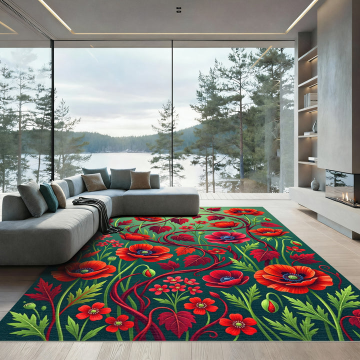 Vibrant Red Poppy Vine Garden Rug